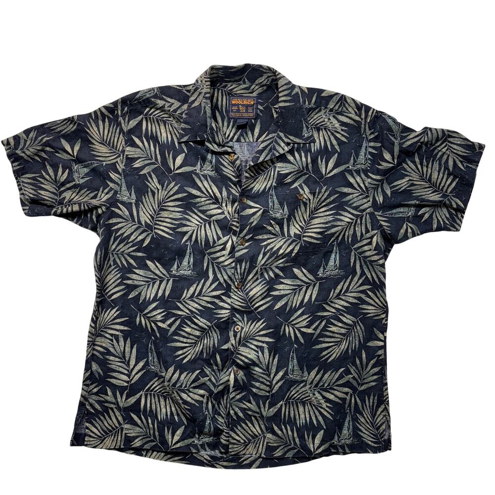 Vintage Woolrich Shirt Mens 2XL XXL Blue Tropical Palm Leaf Aloha Hawaiian Beach